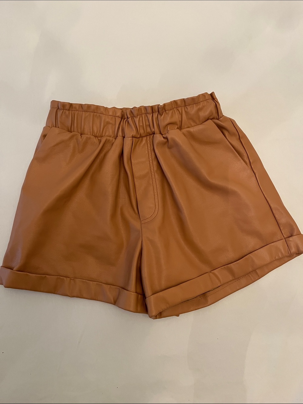 Forever 21 Faux Leather Elastic Waist Shorts in Tan